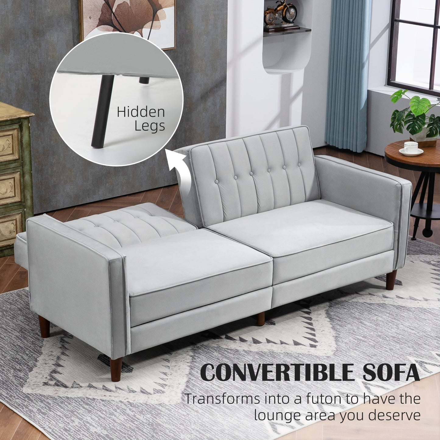 Sasari Velvet Light Grey Convertible Futon Sofa Bed With Tufted Seat And Split Back