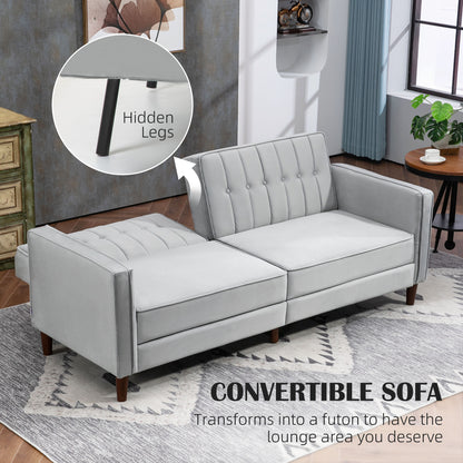 Sasari Velvet Light Grey Convertible Futon Sofa Bed With Tufted Seat And Split Back