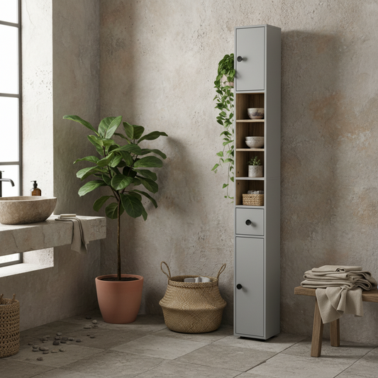 Tasere Tall Slim Bathroom Storage Cabinet With Drawers Shelves And Cupboards Grey