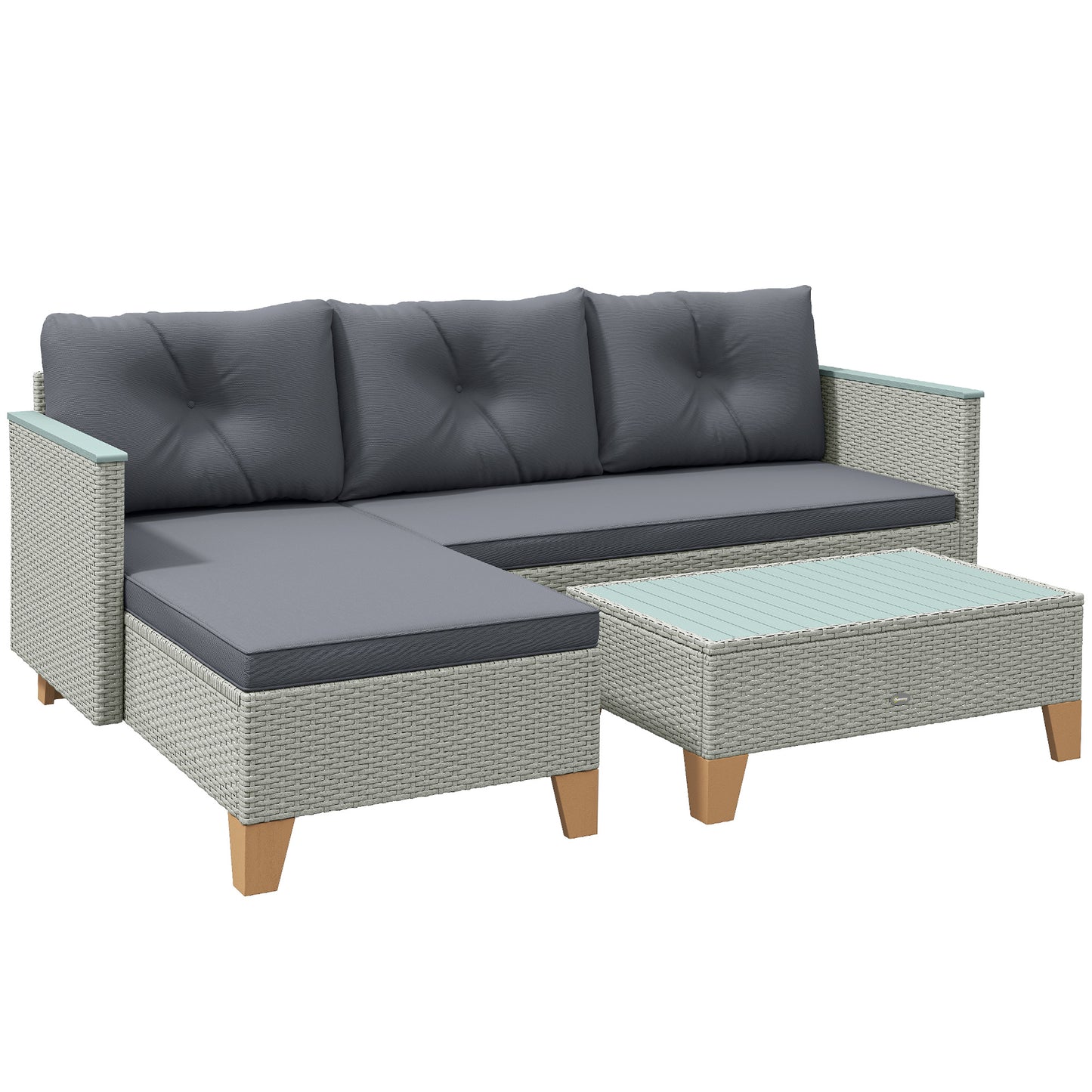 Tozivi Rattan Grey 3 Piece L Shaped Outdoor Conversation Set With Wood Top Table