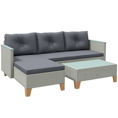 Tozivi Rattan Grey 3 Piece L Shaped Outdoor Conversation Set With Wood Top Table