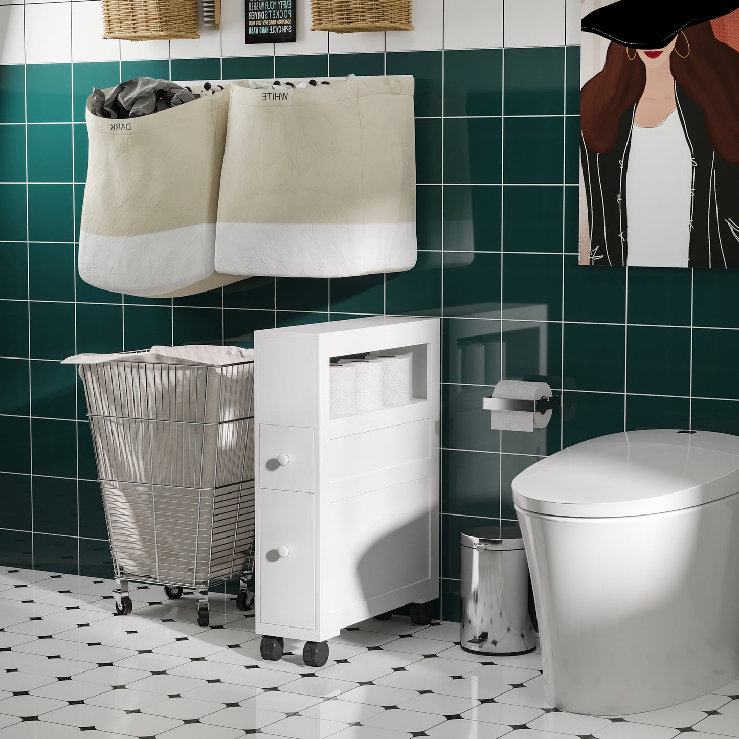 Mine Balu Narrow Rolling Bathroom Storage Unit With 2 Drawers And Wheels