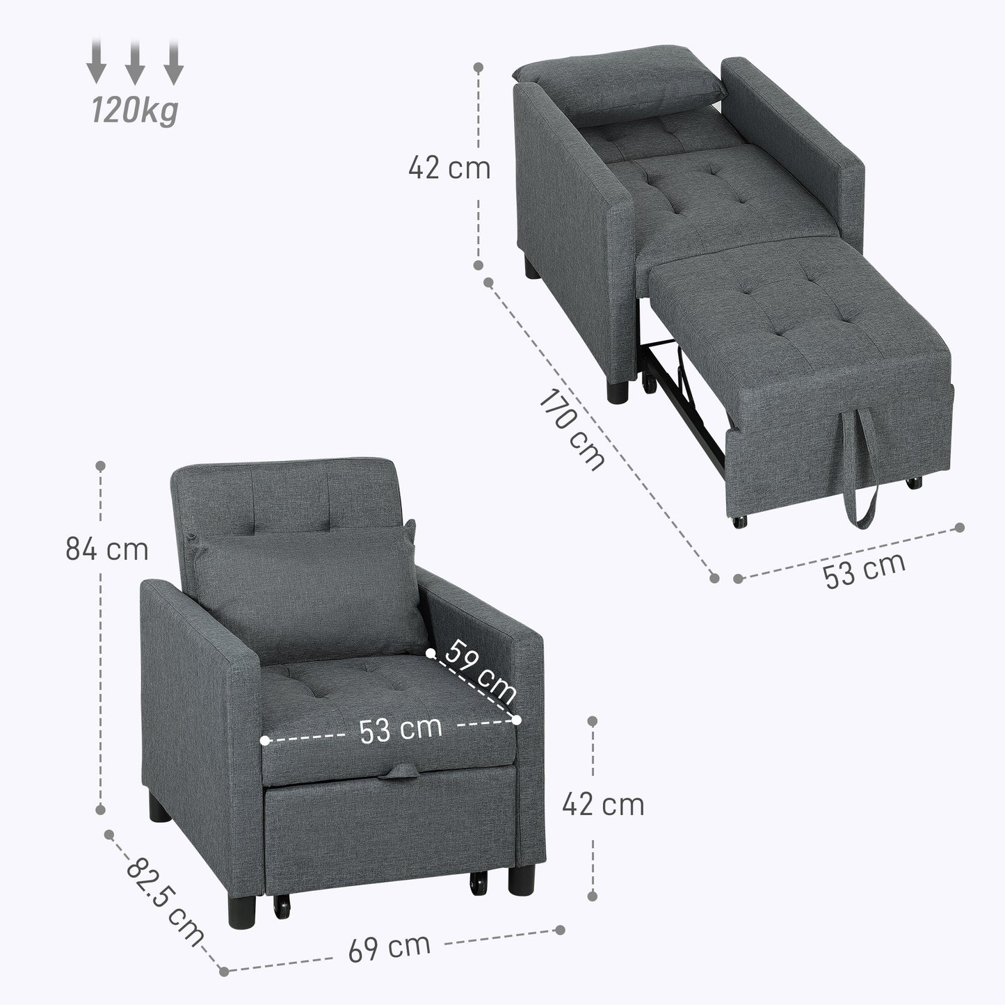 Loco Suro Dark Grey 3 In One Convertible Chair Bed With Adjustable Back Cushion And Footrest