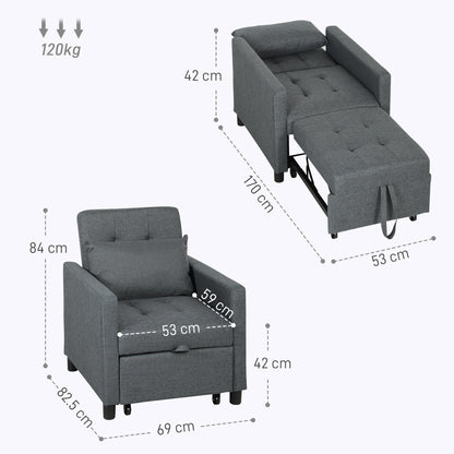 Loco Suro Dark Grey 3 In One Convertible Chair Bed With Adjustable Back Cushion And Footrest