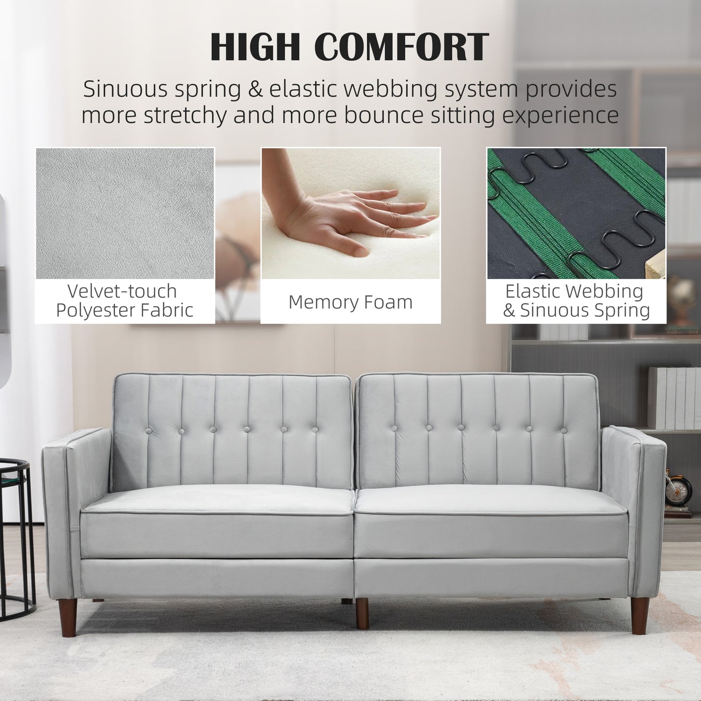 Sasari Velvet Light Grey Convertible Futon Sofa Bed With Tufted Seat And Split Back