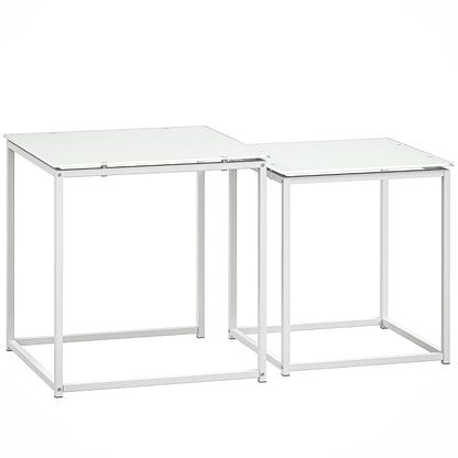 Lenoni Metal And Glass White Set Of 2 Nesting Coffee Tables With TemFauxred Glass Tops
