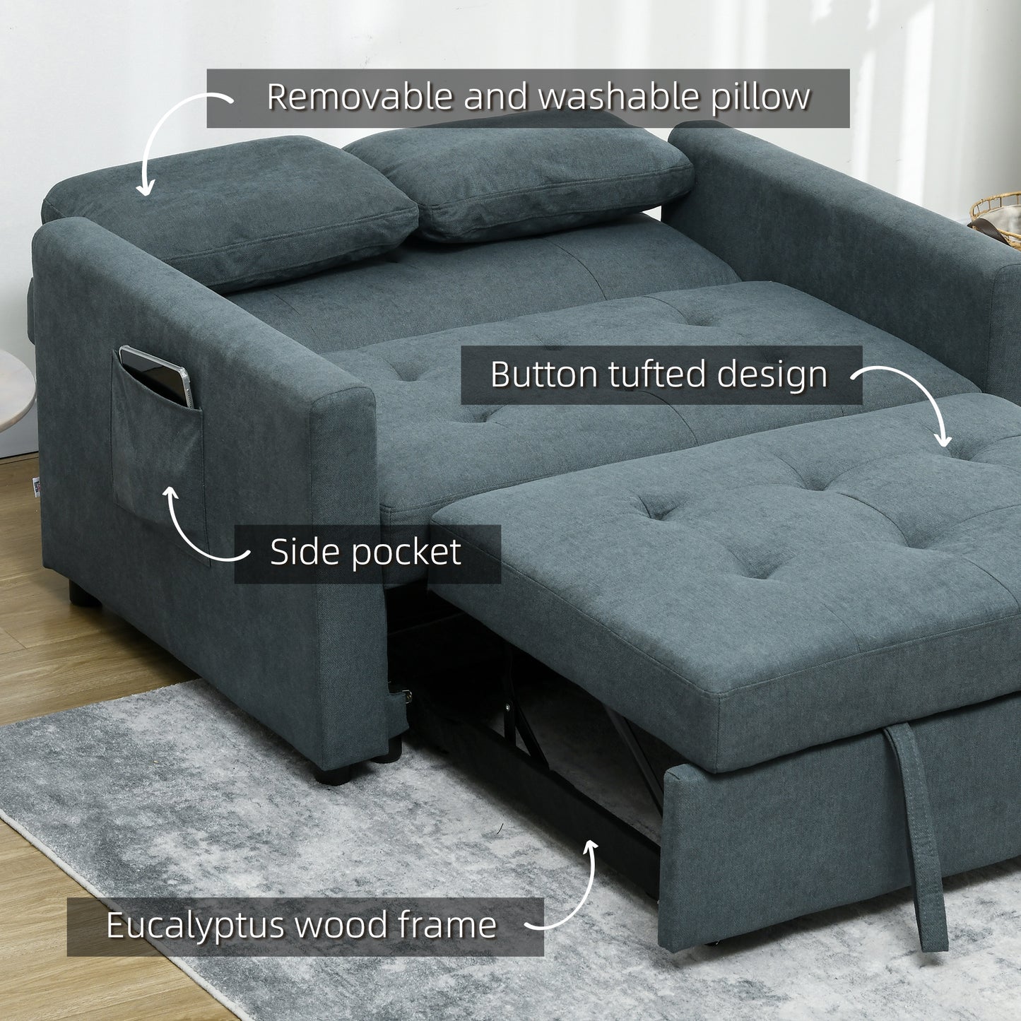Matano Maso Charcoal Grey 2 Seater Sofa Bed With Side Pockets And Cushions