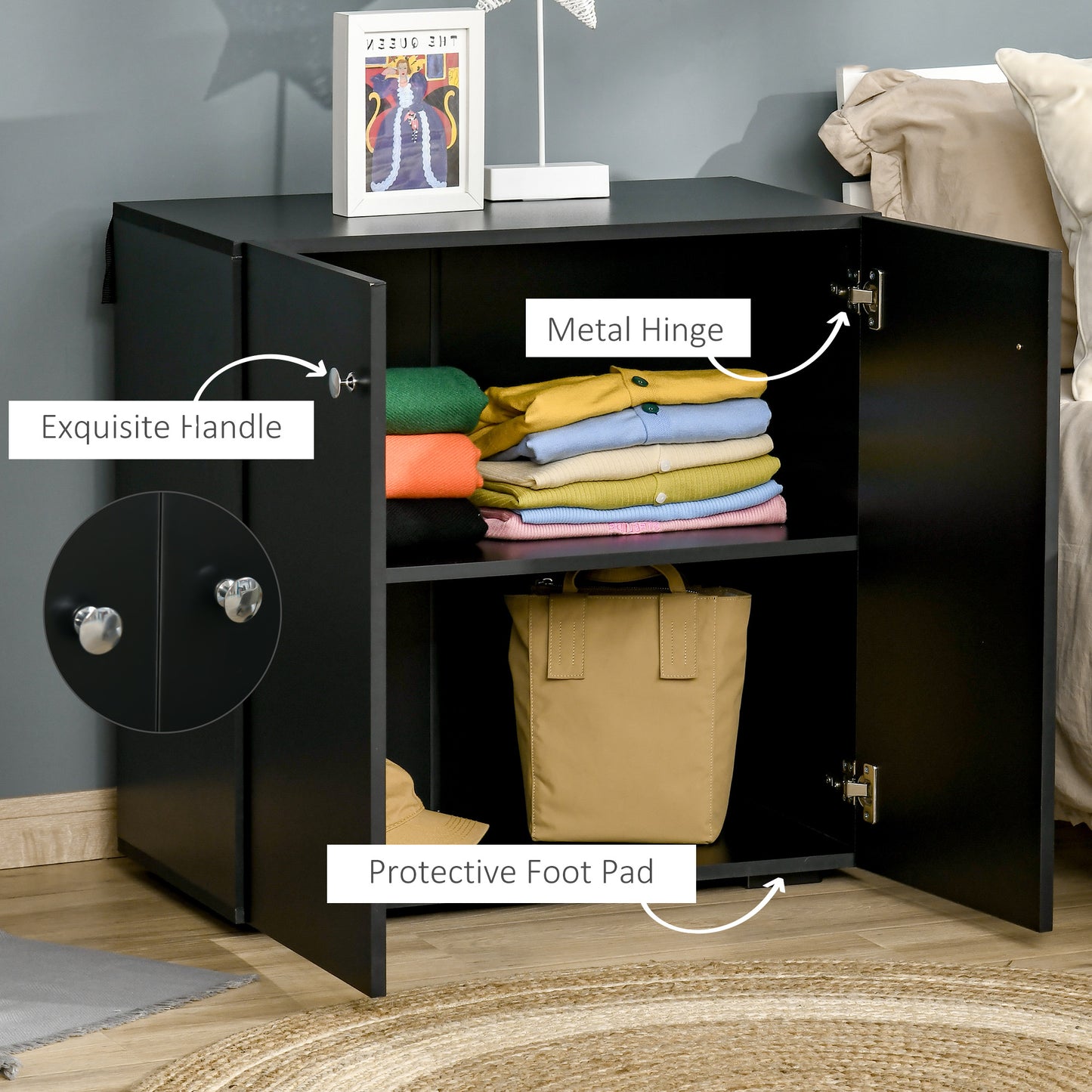 Cosofi Black Wood Freestanding Storage Cabinet 2 Doors 2 Shelves