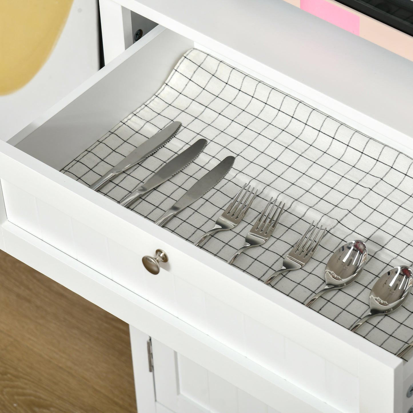 Banira Wooden White Kitchen Cupboard With Framed Glass Door Drawer And Microwave Shelf