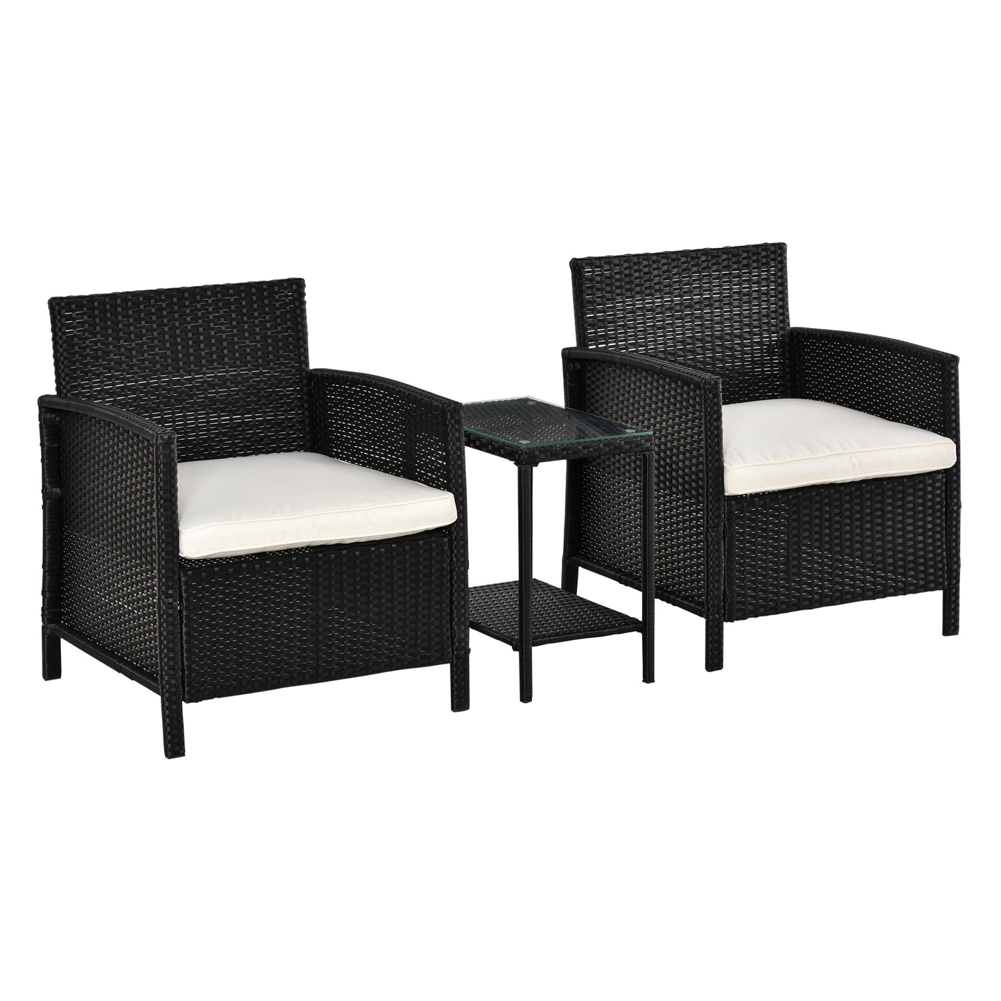 Tava Black Rattan 2 Seater Jack And Jill Garden Bistro Set with White Cushions