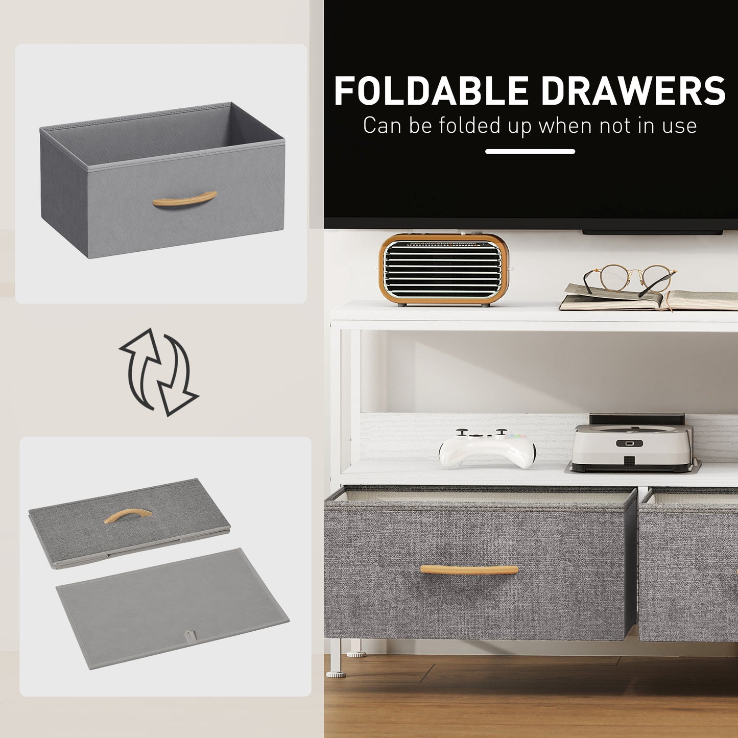 Avavale 98cm White TV Storage Unit With 2 Fold Down Fabric Drawers