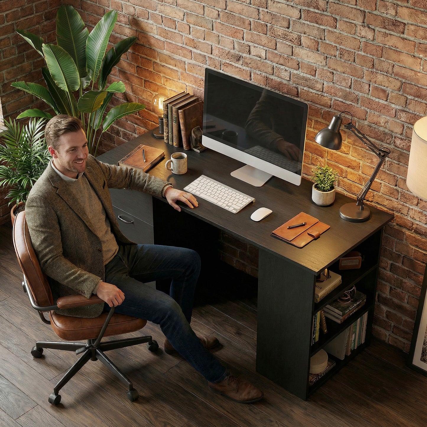 Malilu 120cm Wooden Black Home Office Desk With 3 Shelves And Drawer Storage