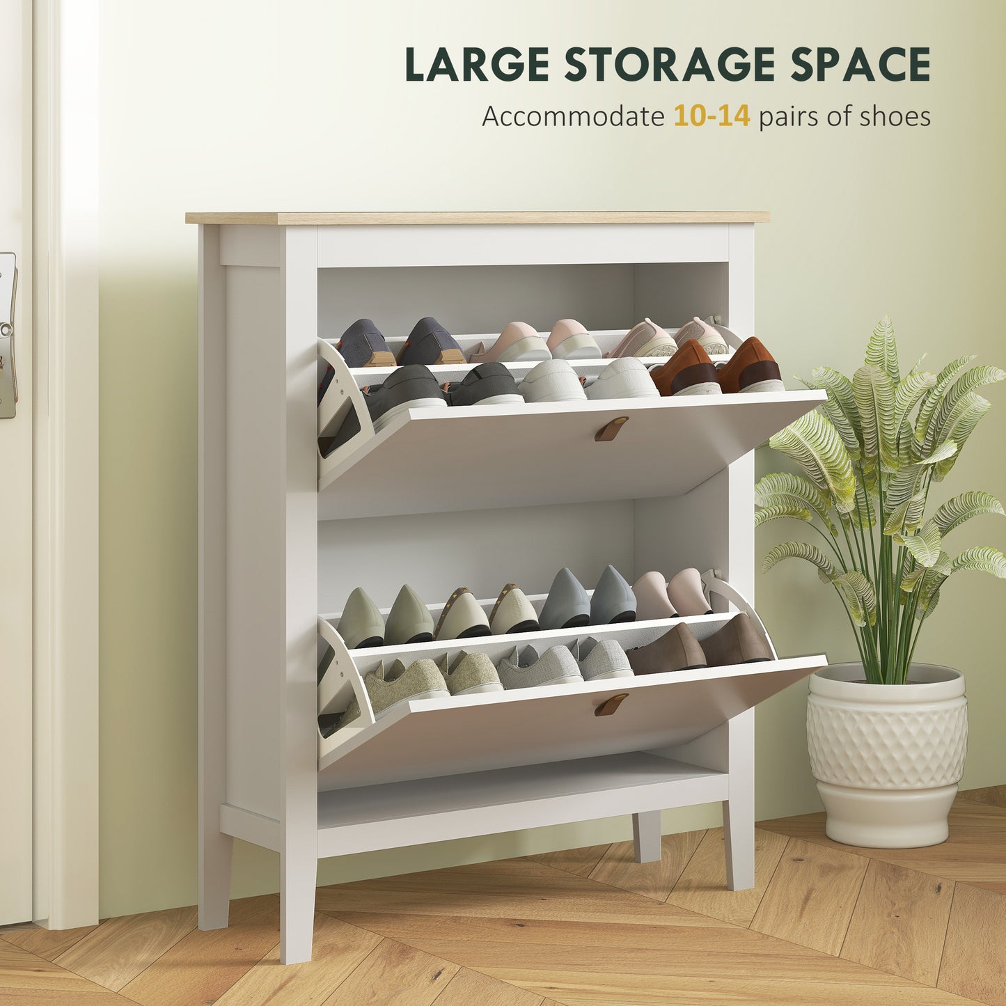 Rimi Wooden White and Natural 2 Drawer Shoe Cabinet Faux Leather Handles