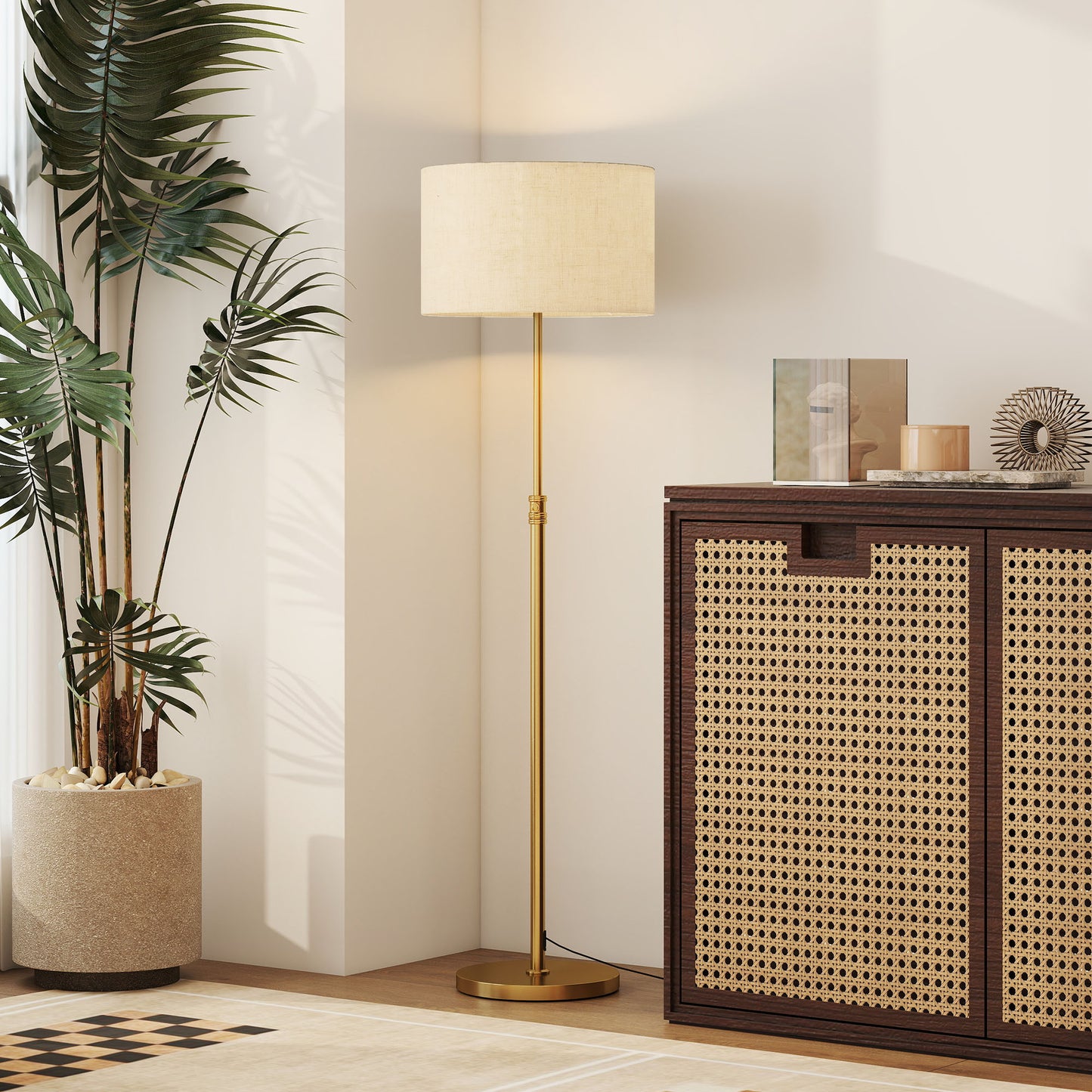 Mava Metal Gold Tone Adjustable Floor Lamp With Linen Shade Dimmable