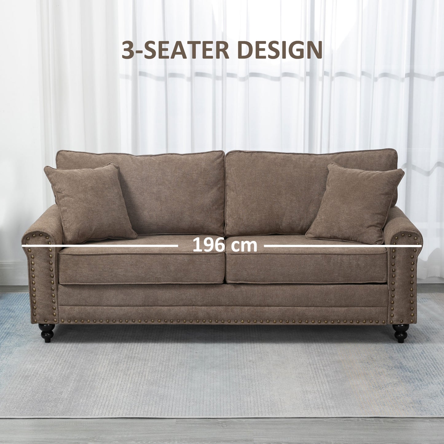 Soleka Fabric Brown 3 Seater Sofa With Rubberwood Legs Nail Head Trim And 2 Cushions