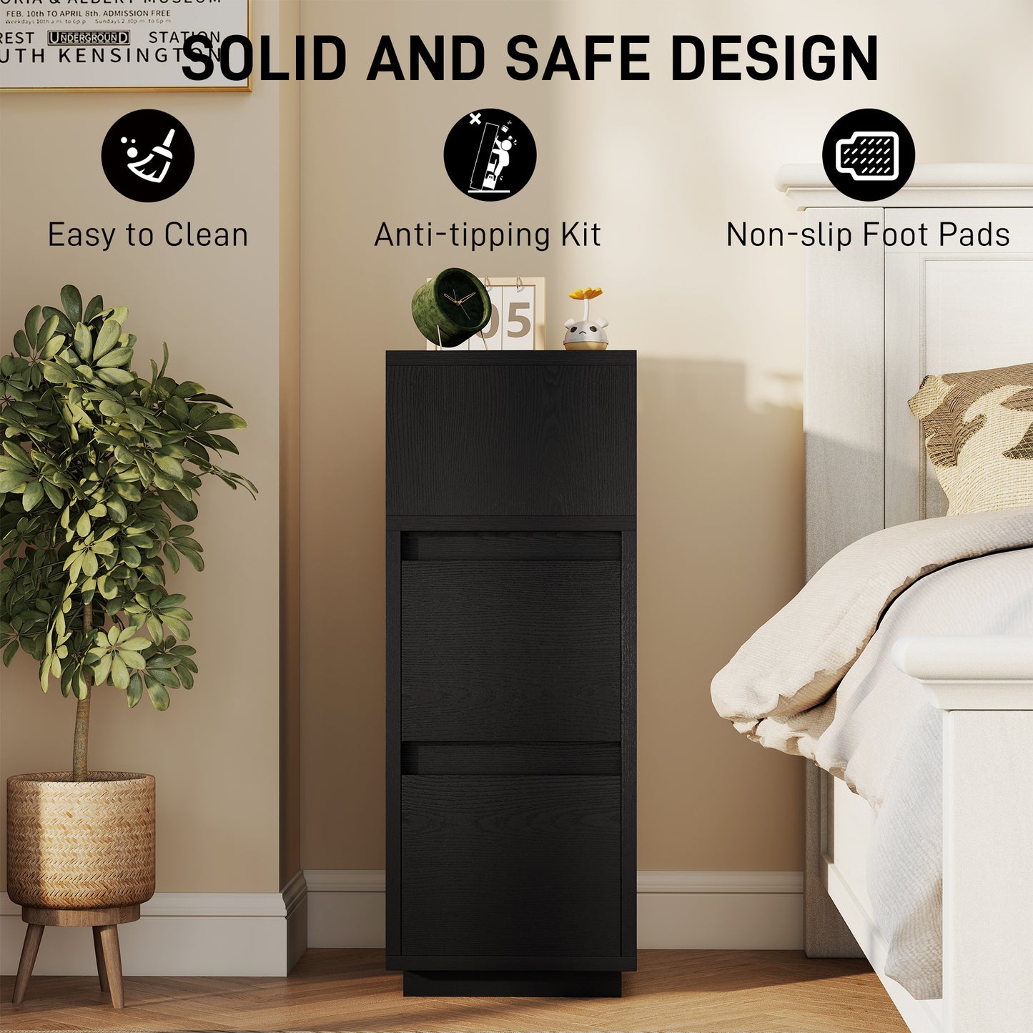 Susema Black Slim Bedside Table With 2 Drawers And Open Shelf