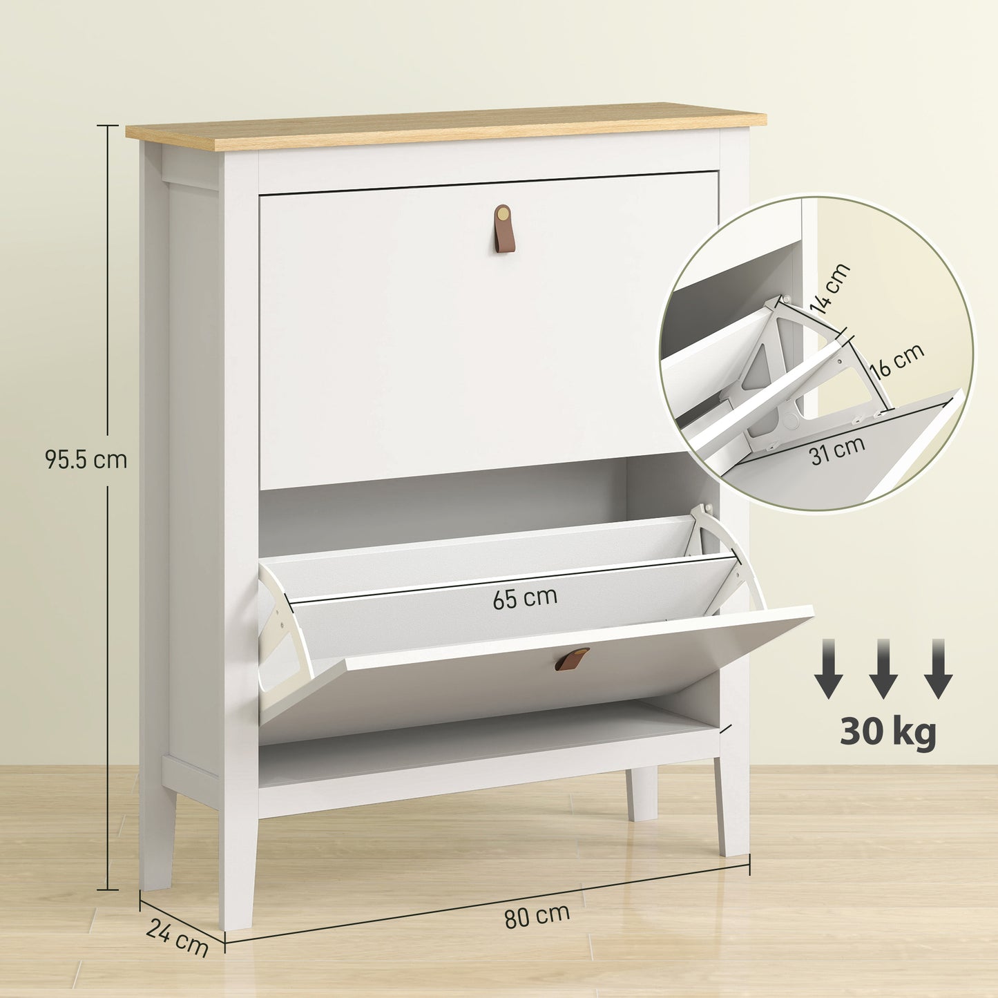 Rimi Wooden White and Natural 2 Drawer Shoe Cabinet Faux Leather Handles