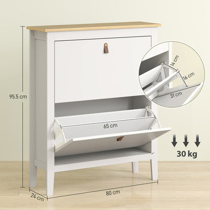 Rimi Wooden White and Natural 2 Drawer Shoe Cabinet Faux Leather Handles