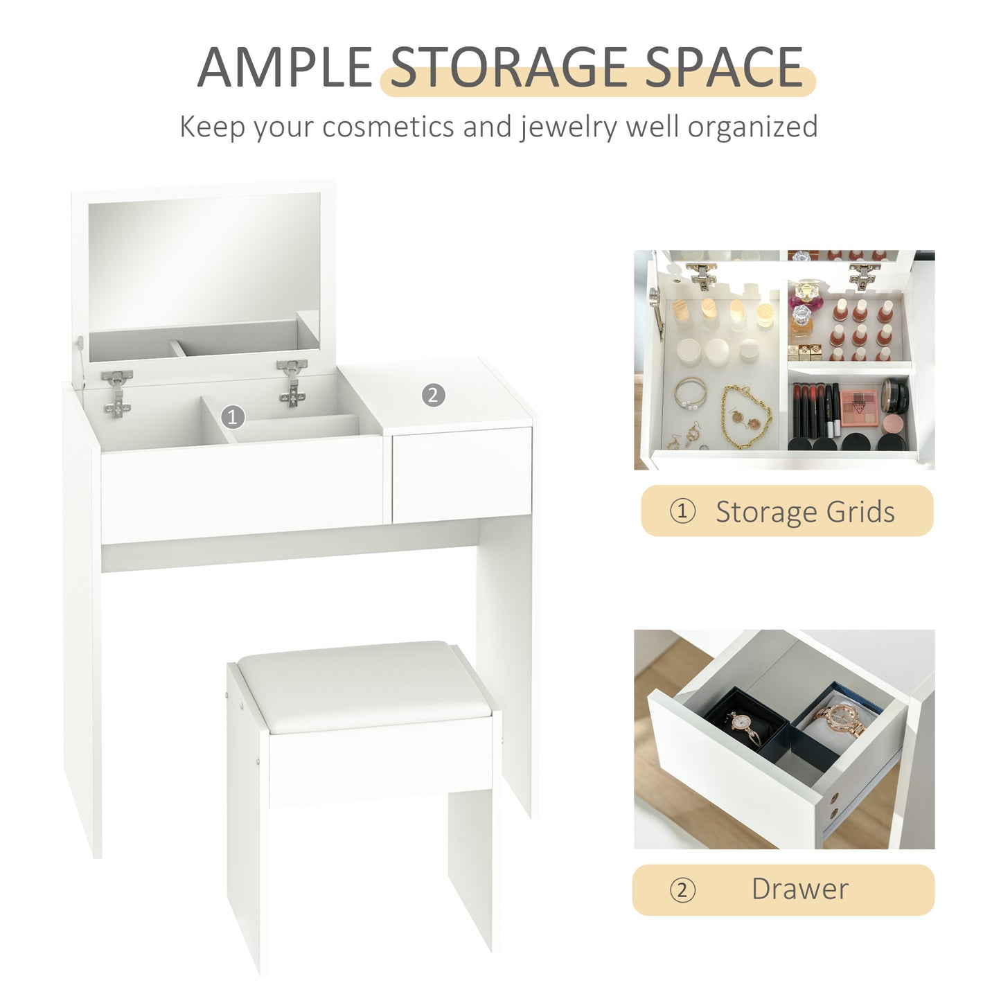 Fimazi Mola White Vanity Desk With Flip Mirror Drawer Storage And Cushioned Stool