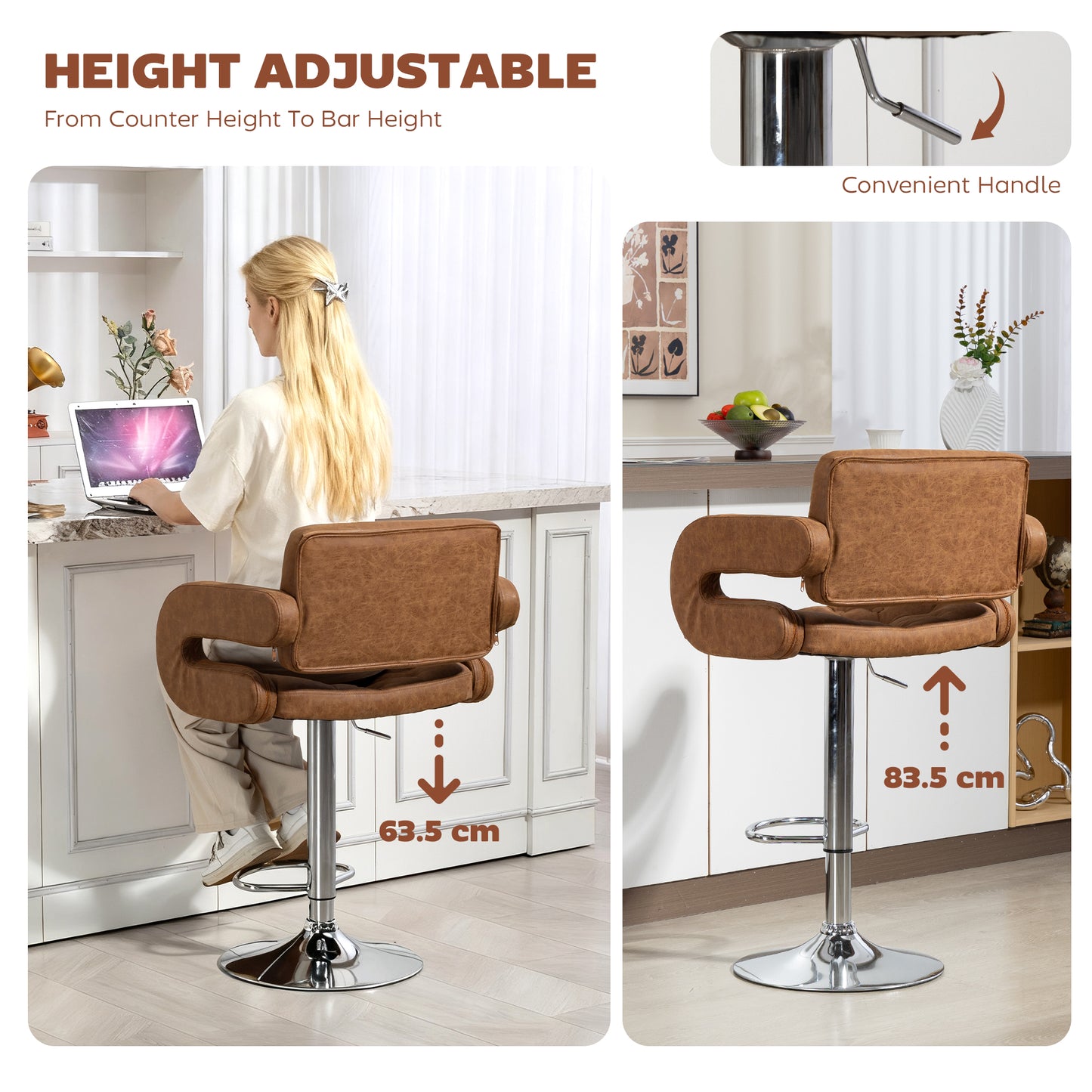 Dovetti Brown Faux Leather H8 Adjustable Swivel Bar Stool With Back And Arms