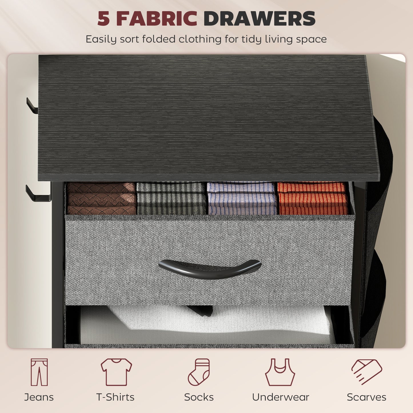 Suha Fabric And Metal Charcoal Grey 5 Drawer Storage Chest