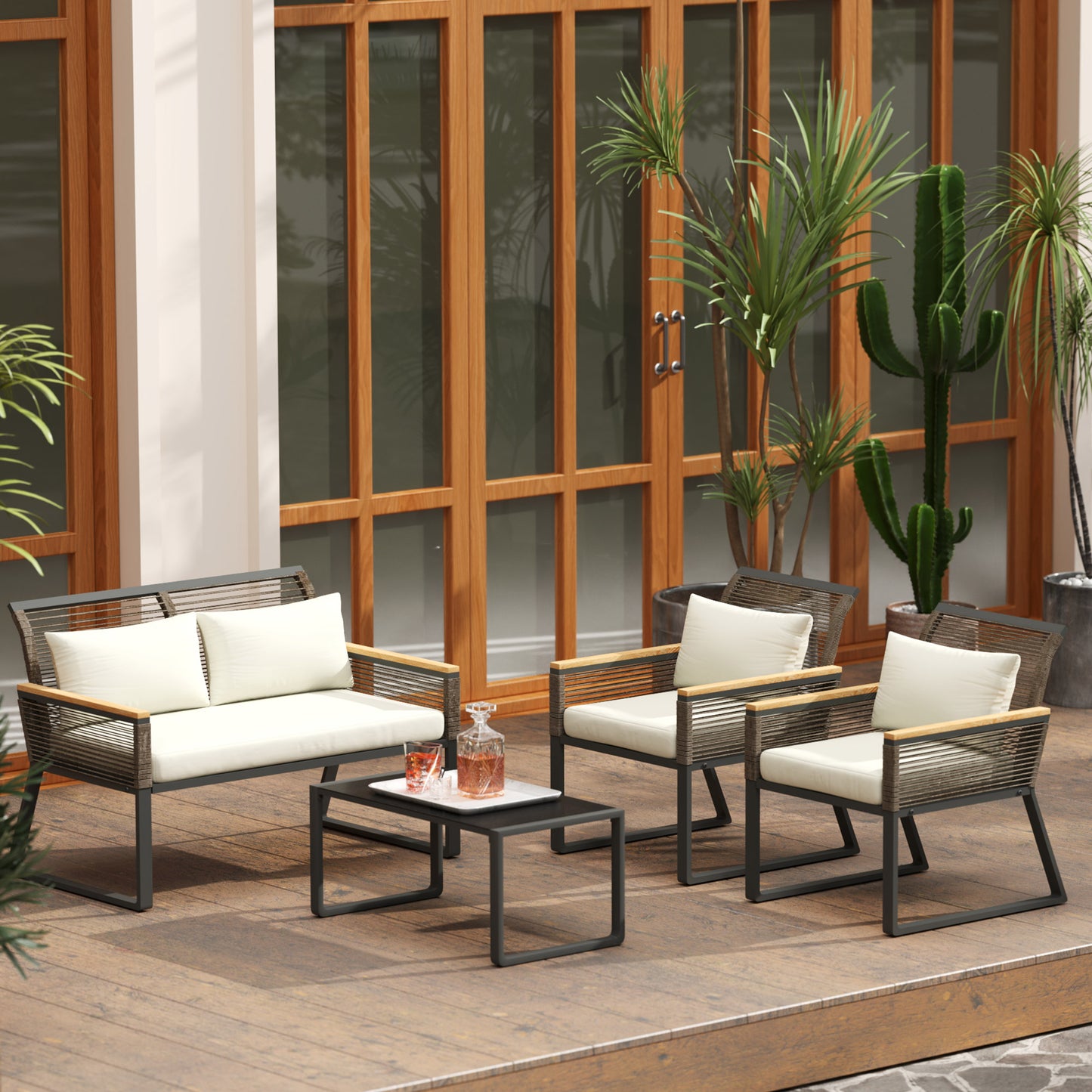 Rimodo Rope Wicker Grey 4 Seater Outdoor Garden Furniture Set With Glass Coffee Table