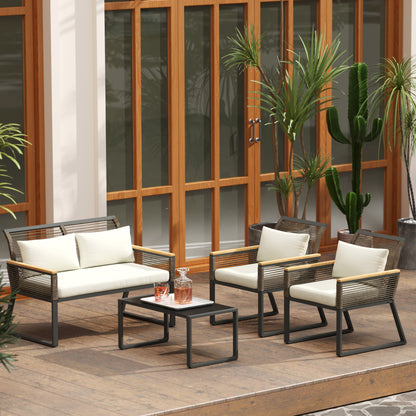 Rimodo Rope Wicker Grey 4 Seater Outdoor Garden Furniture Set With Glass Coffee Table