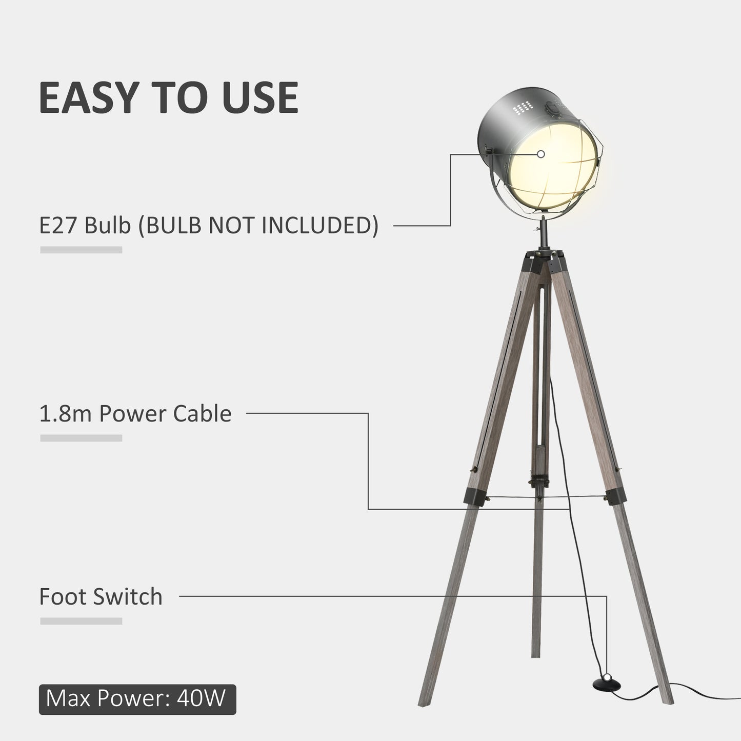 Lesado Zine Wood And Metal Grey Adjustable Tripod Floor Lamp With Spotlight Head