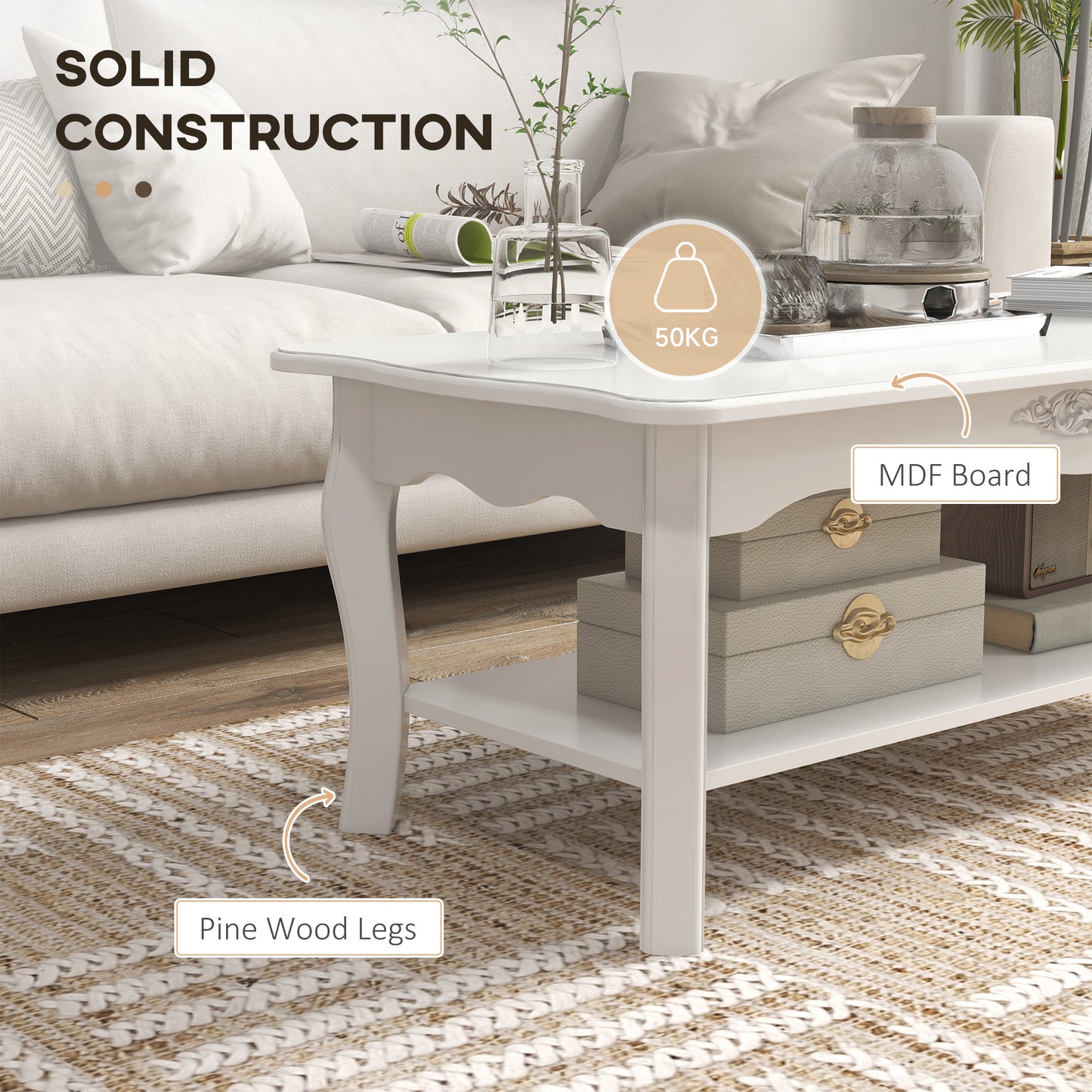 Noketa Wooden White Rectangular Mid Century Coffee Table With Storage Shelf