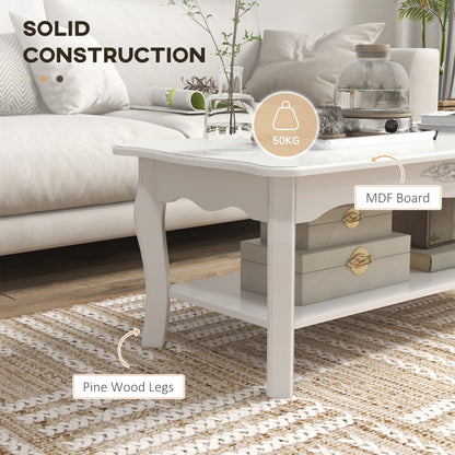 Noketa Wooden White Rectangular Mid Century Coffee Table With Storage Shelf