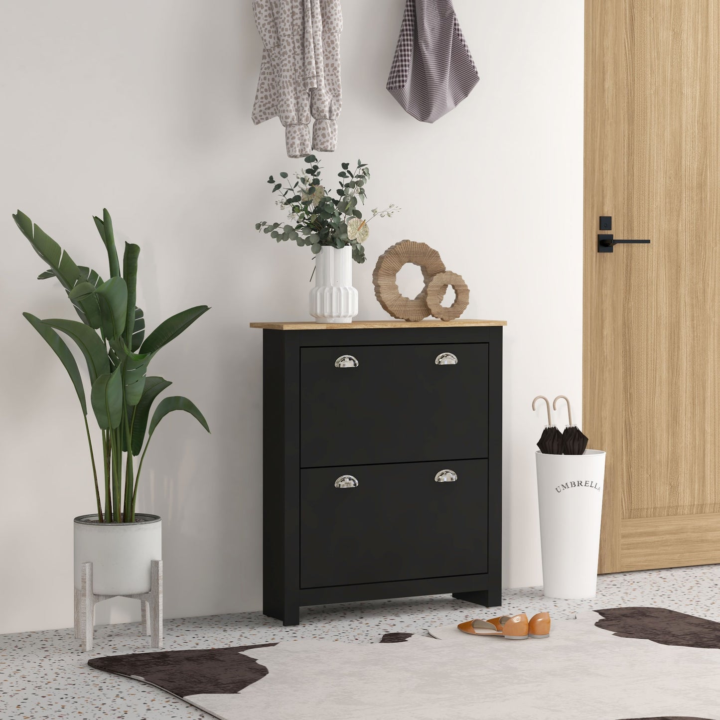 Resuka Wooden Black Slim Shoe Cabinet With 2 Flip Drawers For 6 To 12 Pairs