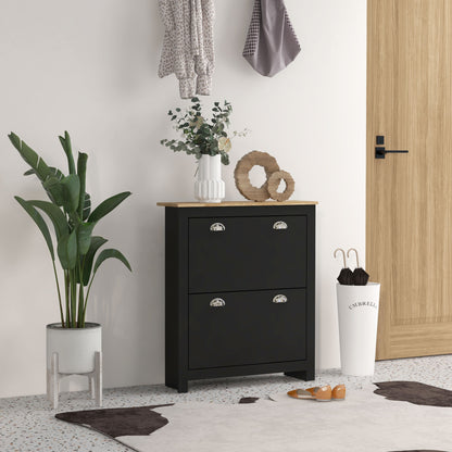 Resuka Wooden Black Slim Shoe Cabinet With 2 Flip Drawers For 6 To 12 Pairs