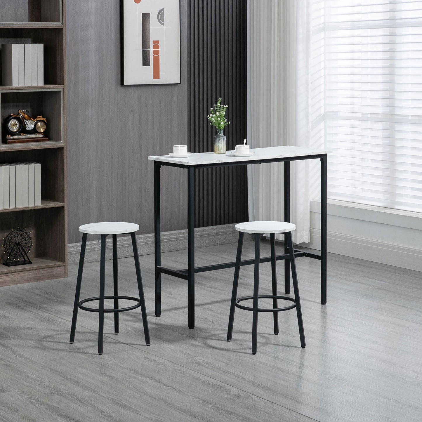 Telano Marble Effect White And Black 3 Piece Bar Table And Stool Set