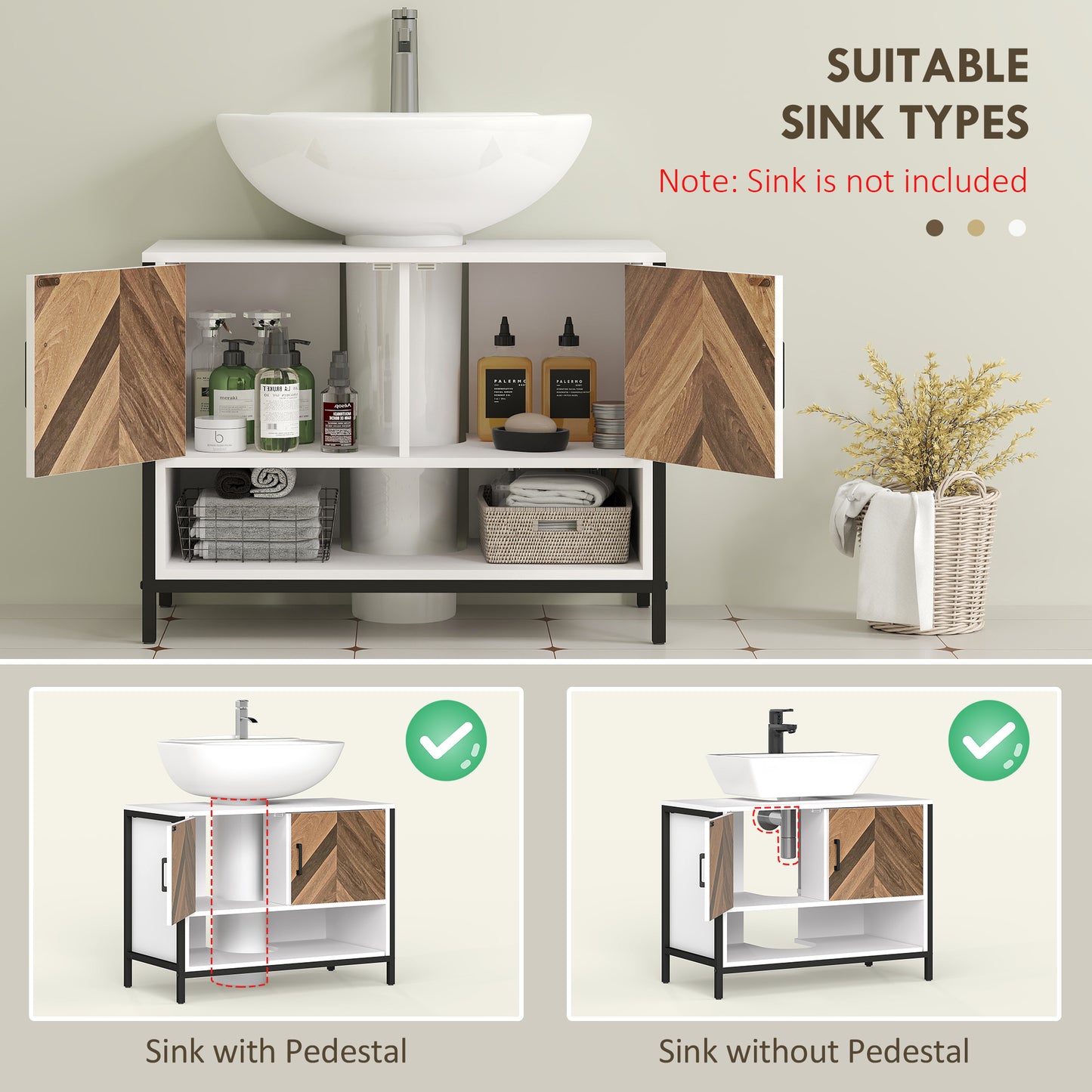 Saha Rato Rustic Cream White Under Sink Cabinet With Herringbone Doors And OFauxn Compartment