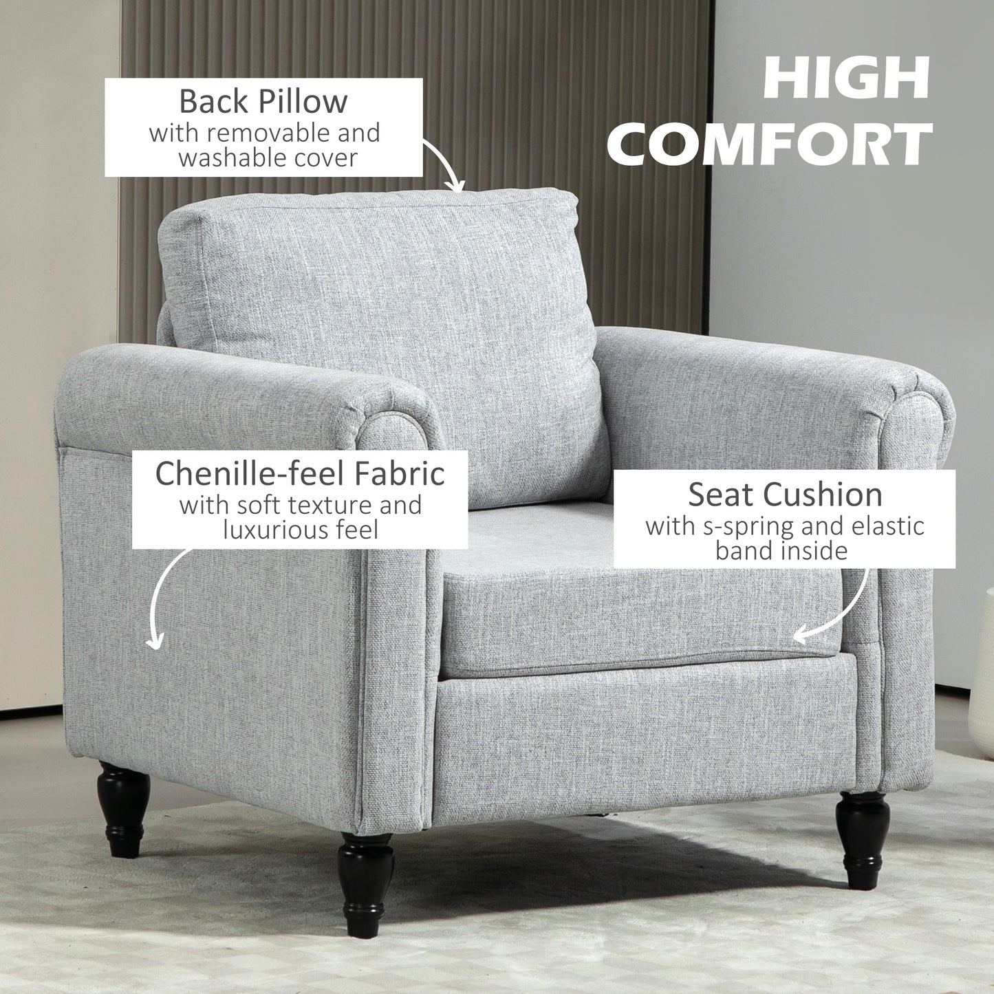 Rine Light Grey Vintage Mid Century Accent Chair With Rolled Arms And Wooden Legs