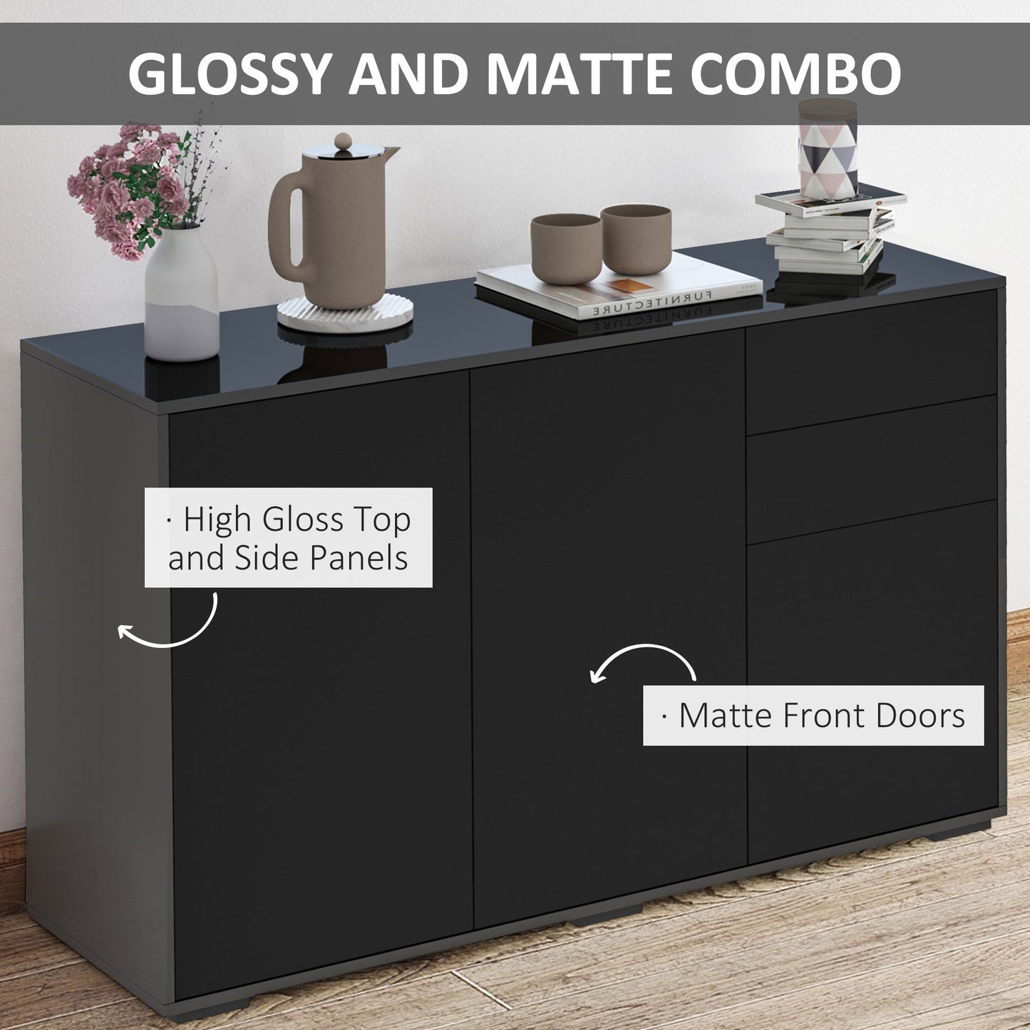 Lino High Gloss Black Sideboard With Push Drawers And 3 Doors