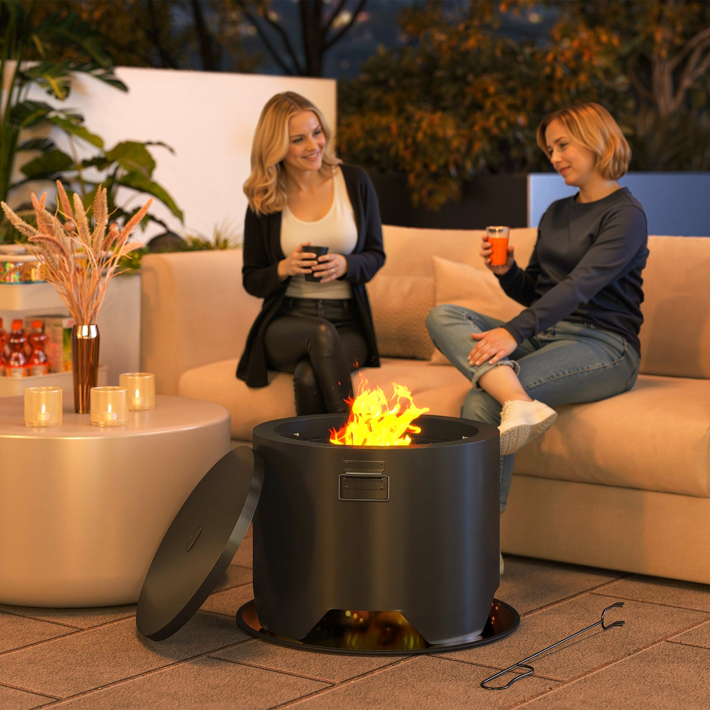 Ralarari 60cm Steel Black Round Outdoor Garden Fire Pit With Lid