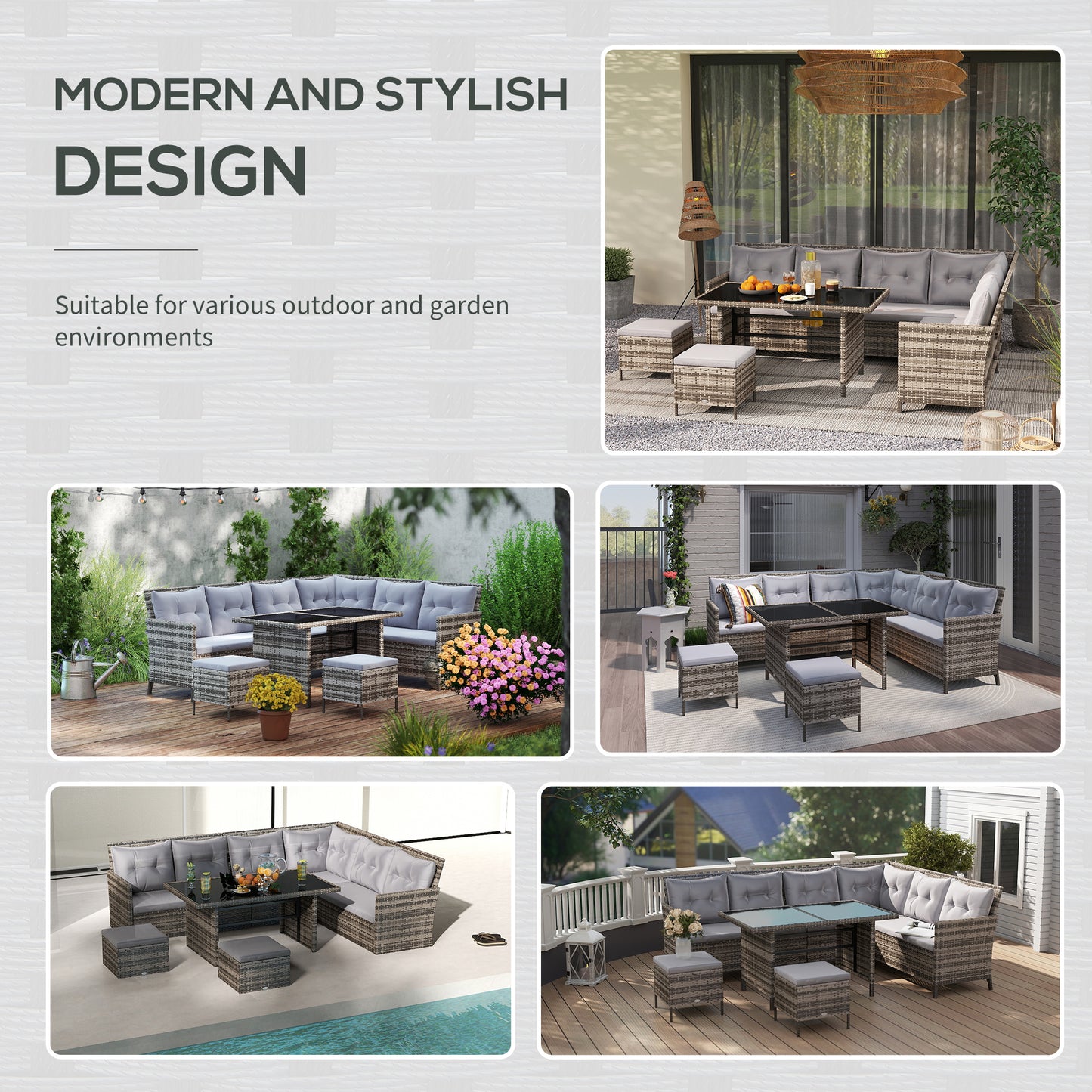 Dili Rattan Grey 8 Seater Outdoor Sofa Set With Cushions And Table