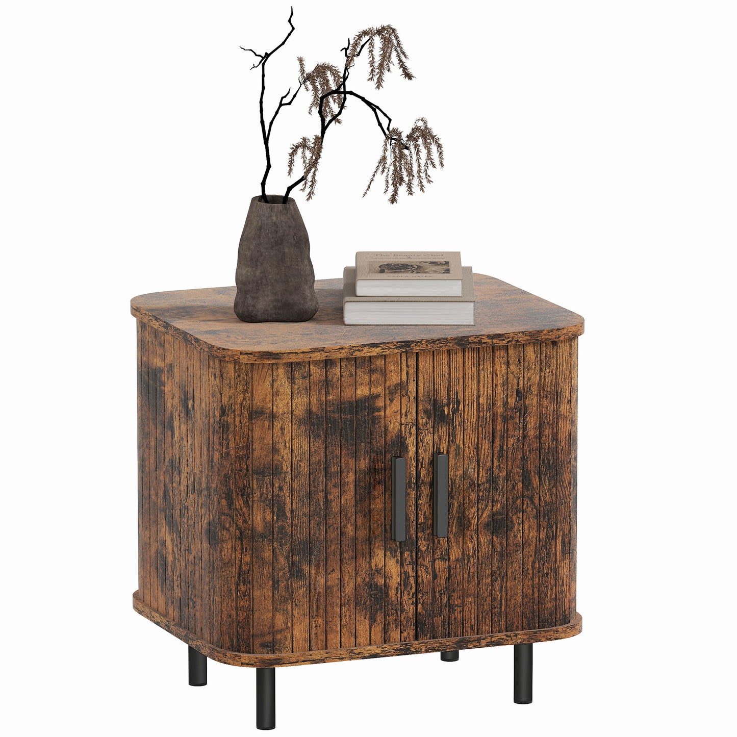 Pasaba Brown Nordic Bedside Table With Tambour Sliding Door And Metal Legs