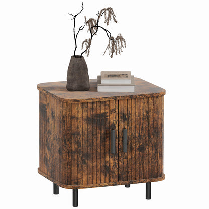 Pasaba Brown Nordic Bedside Table With Tambour Sliding Door And Metal Legs
