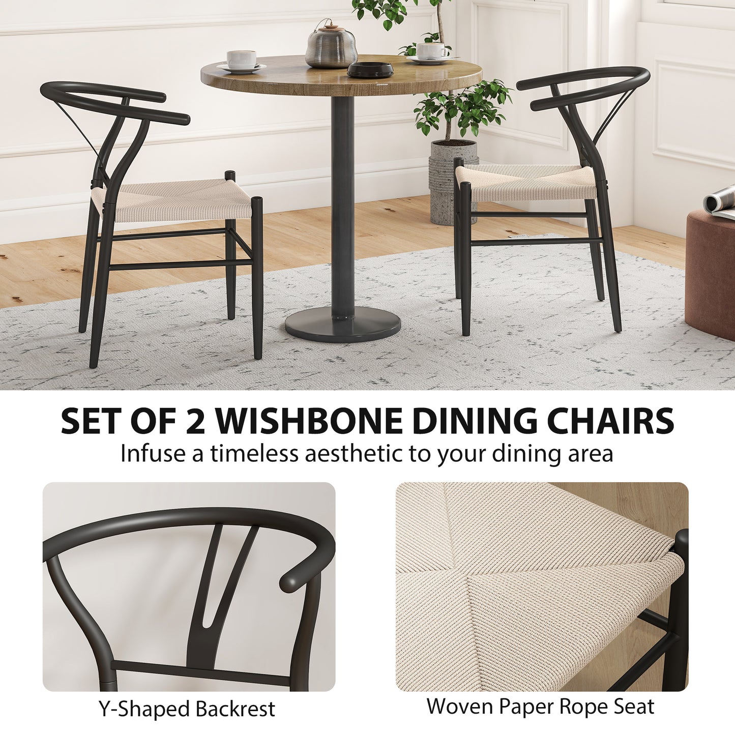 Ranopa Woven Hemp And Wood Black And Beige Dining Chairs Set Of 2 With Y ShaFauxd Backrest
