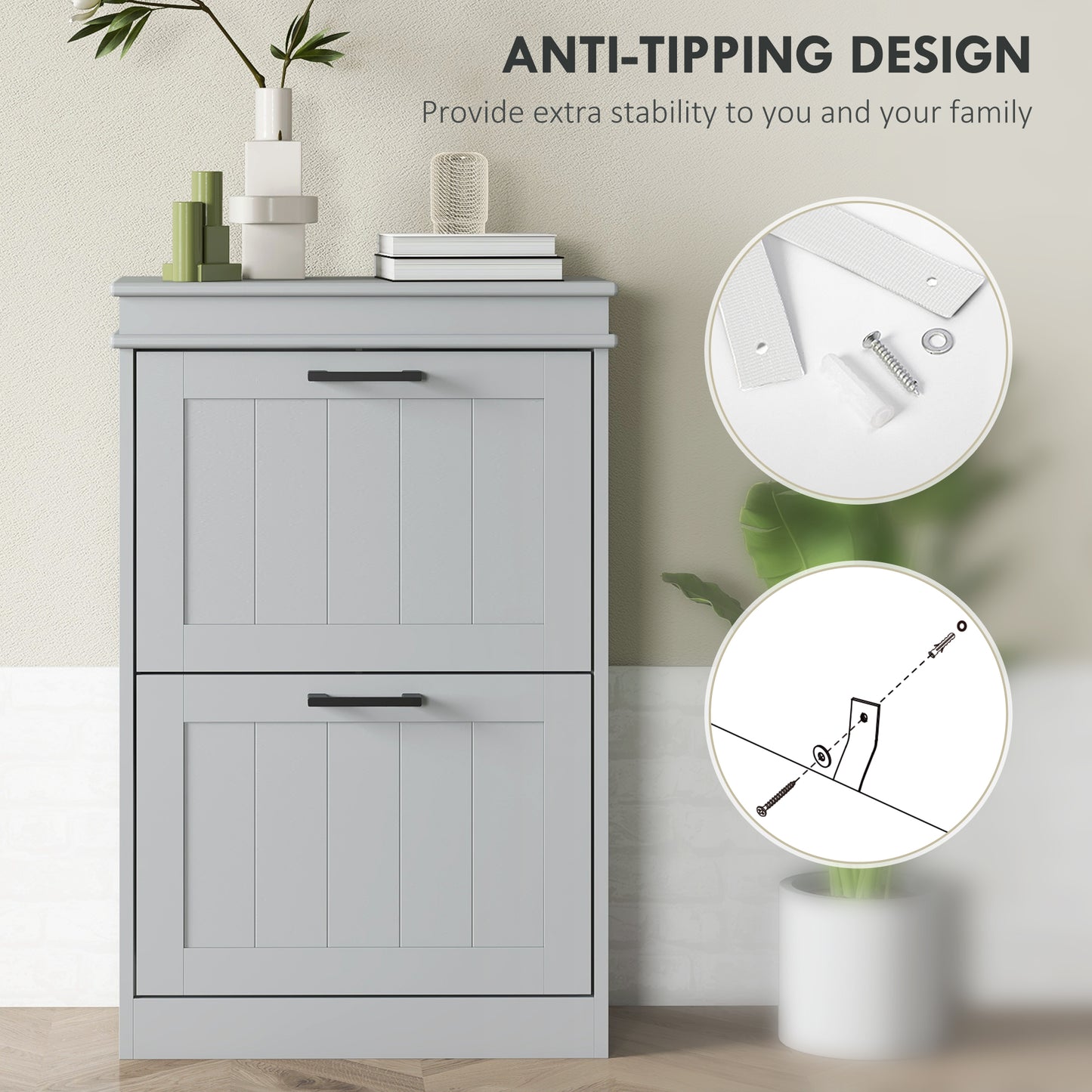 Falifa Wooden Grey Minimal 2 Drawer Shoe Cabinet For 10 Pairs