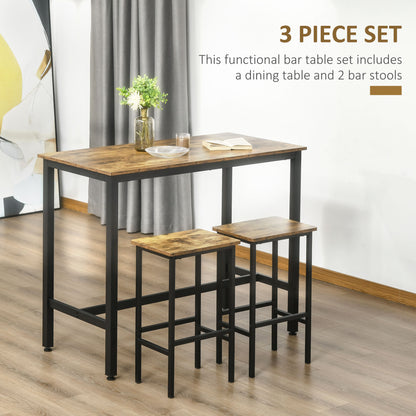 Nofi Metal And Wood Rustic Brown 3 Piece Bar Dining Set With 2 Stools