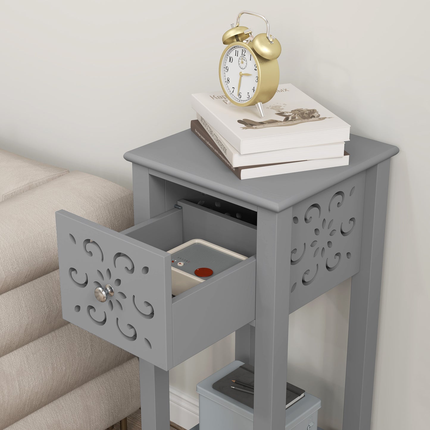 Elne Set Of 2 Grey Wooden Floral Cut Out Accent Side Tables