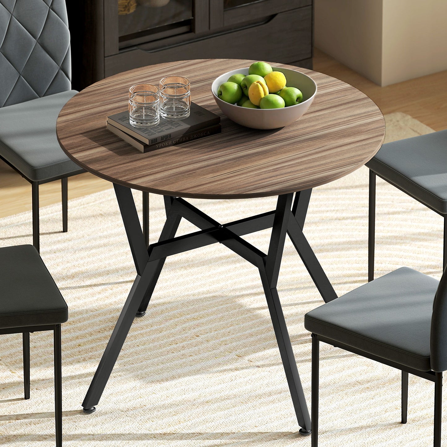 Doveno Metal Brown Round Dining Table With Anti Slip Feet For Dining Areas
