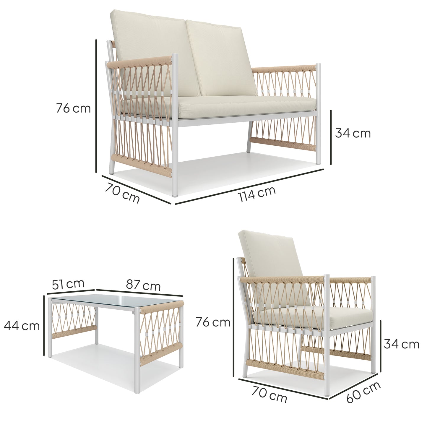 Comori Rattan Cream 4 Seater Outdoor Sofa Conversation Set With Glass Coffee Table