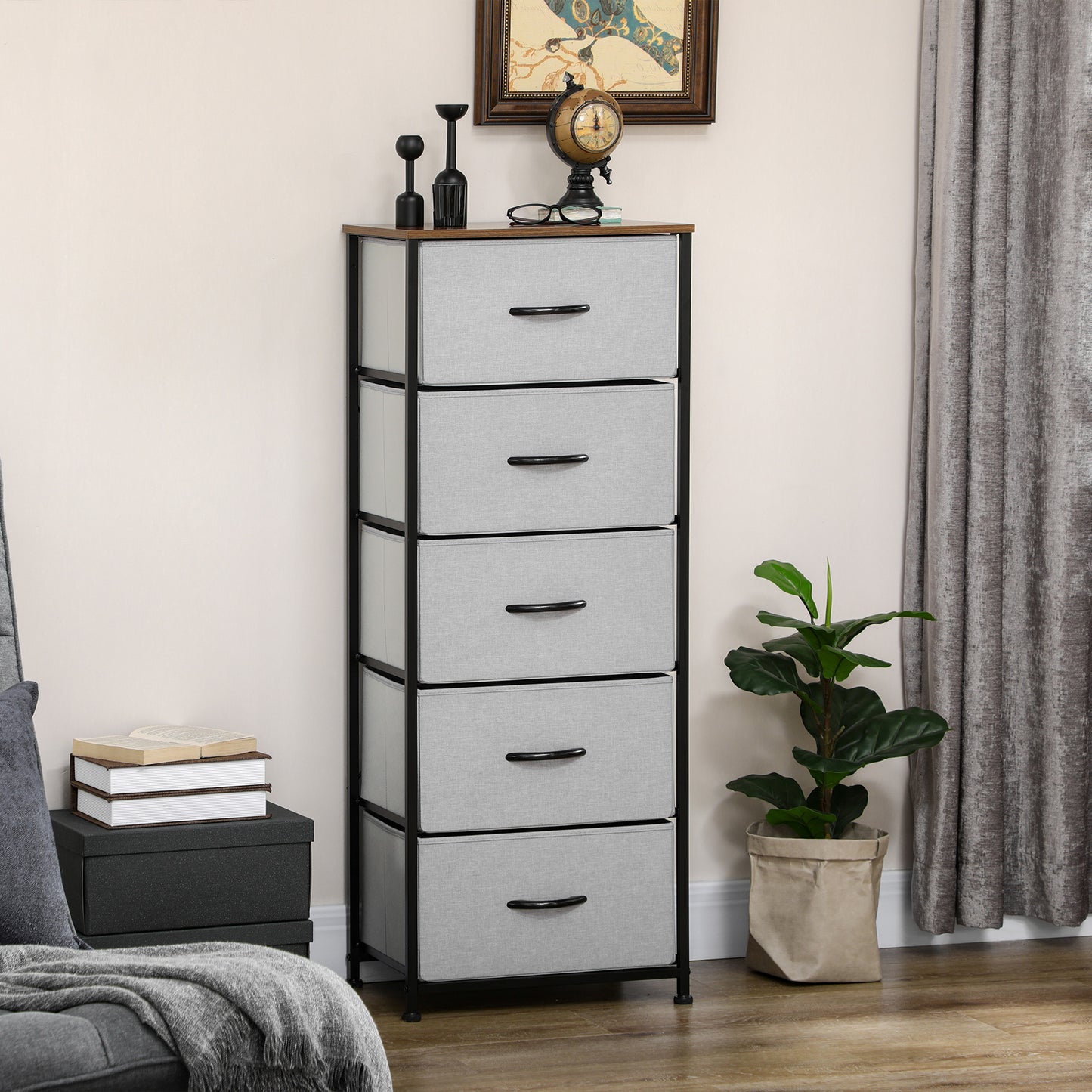 Famoggi Metal And Fabric Grey 5 Drawer Industrial Storage Chest With Steel Frame