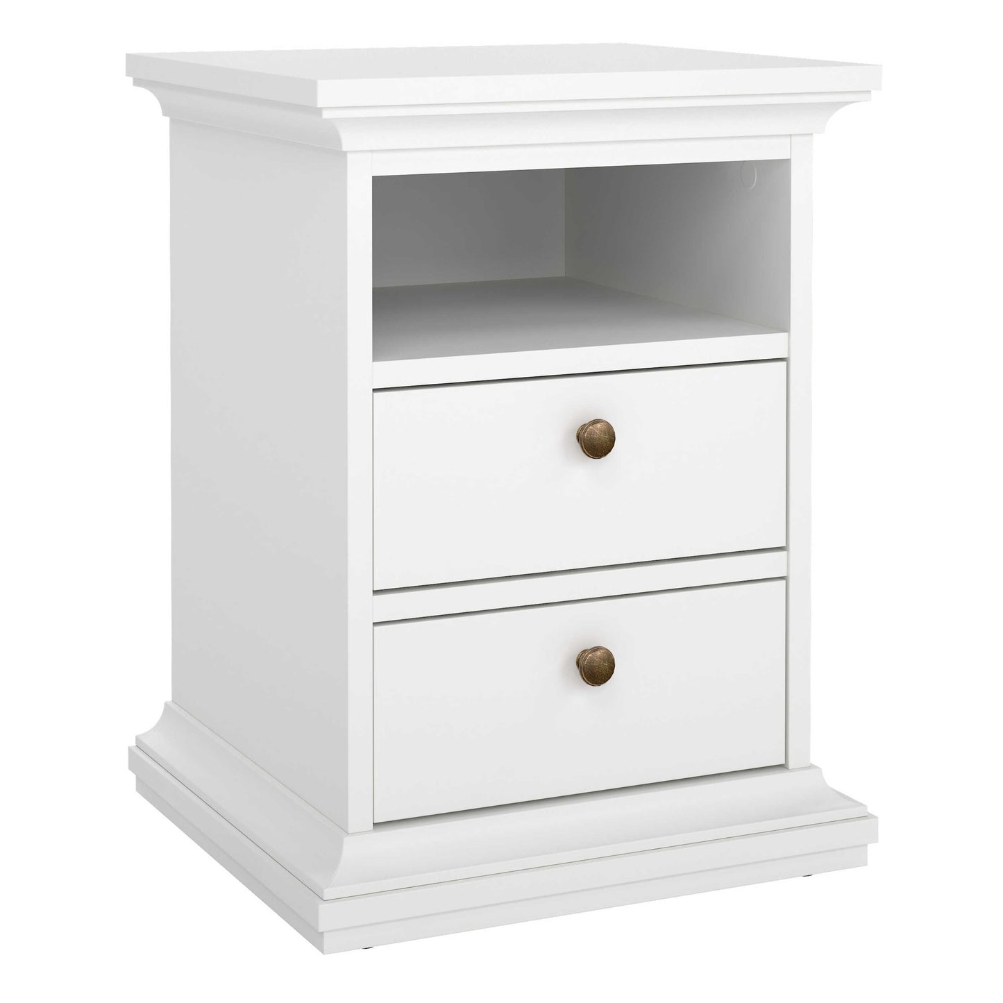 Osaka Farmhouse White Wooden Bedside Table 2 Drawers 1 Open Shelf