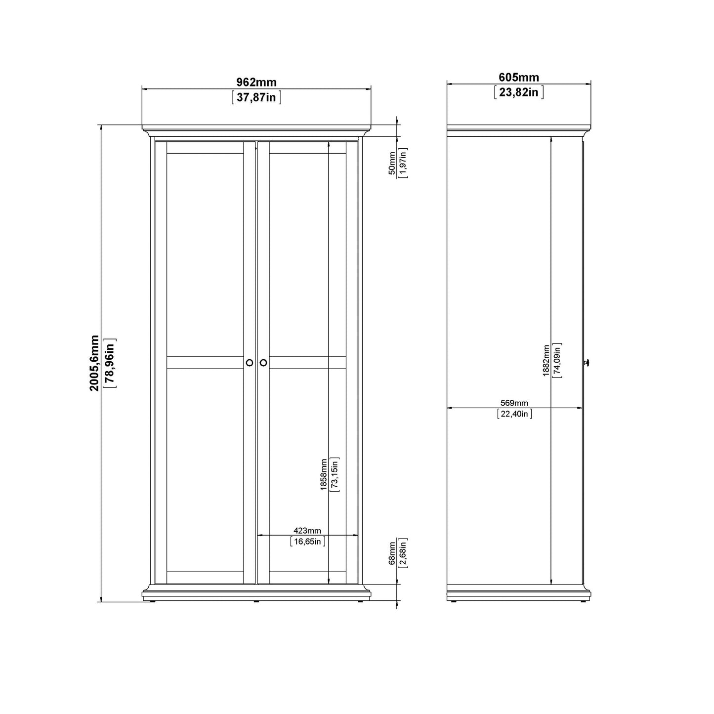 Osaka Farmhouse Slim White Wooden Wardrobe 2 Doors