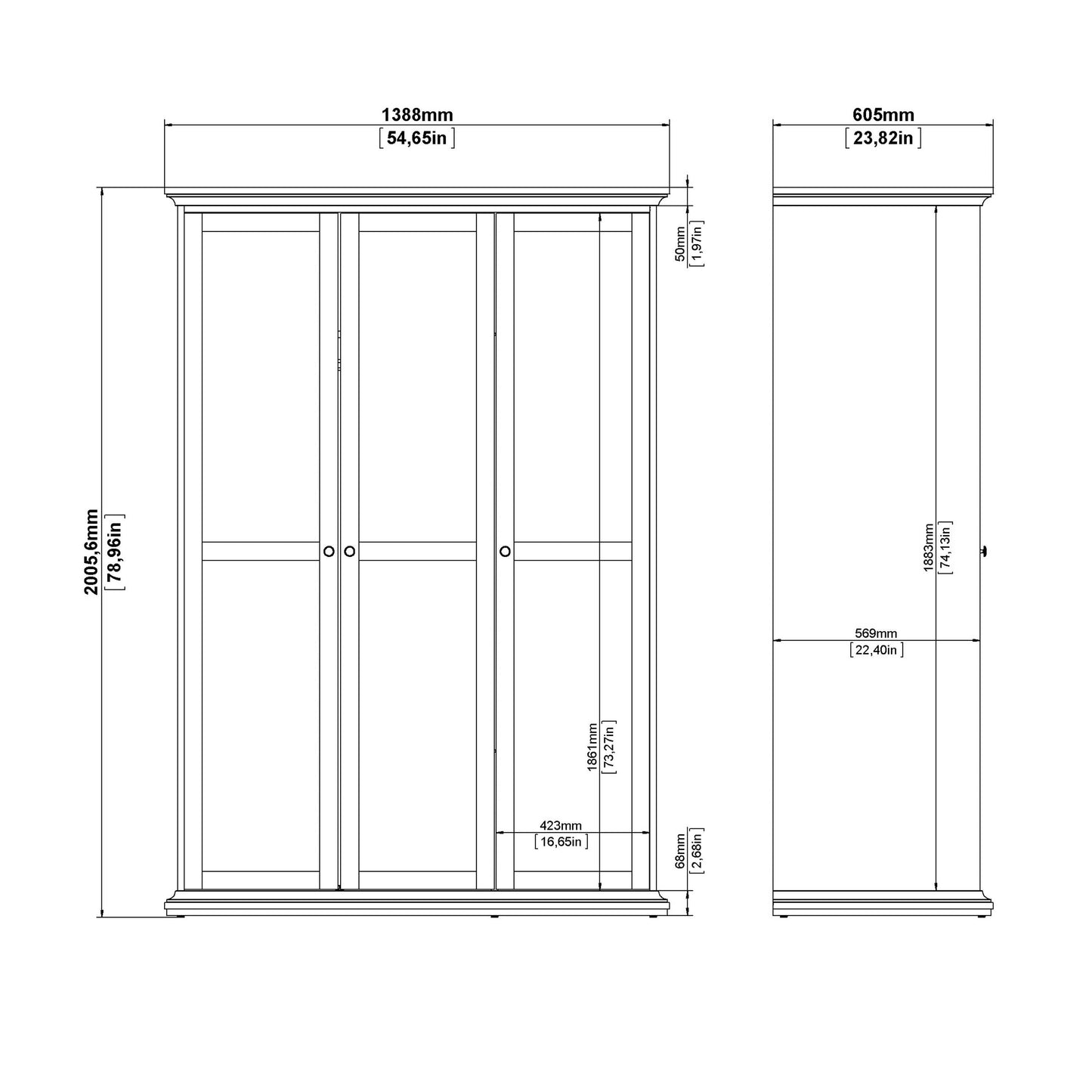 Osaka Matt Dark Grey Wooden Wardrobe 3 Doors